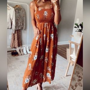 Boutique Rust Smocked Jumpsuit